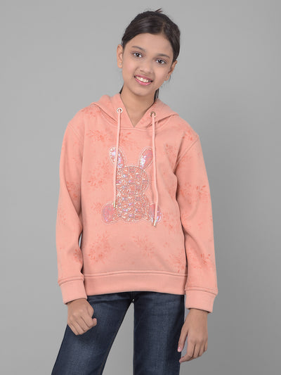 Peach Printed Sweatshirt With Hood-Girls Sweatshirts-Crimsoune Club