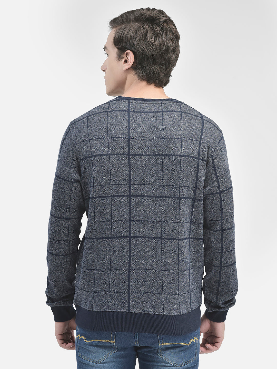 Navy Blue Checked Sweatshirt-Men Sweatshirts-Crimsoune Club