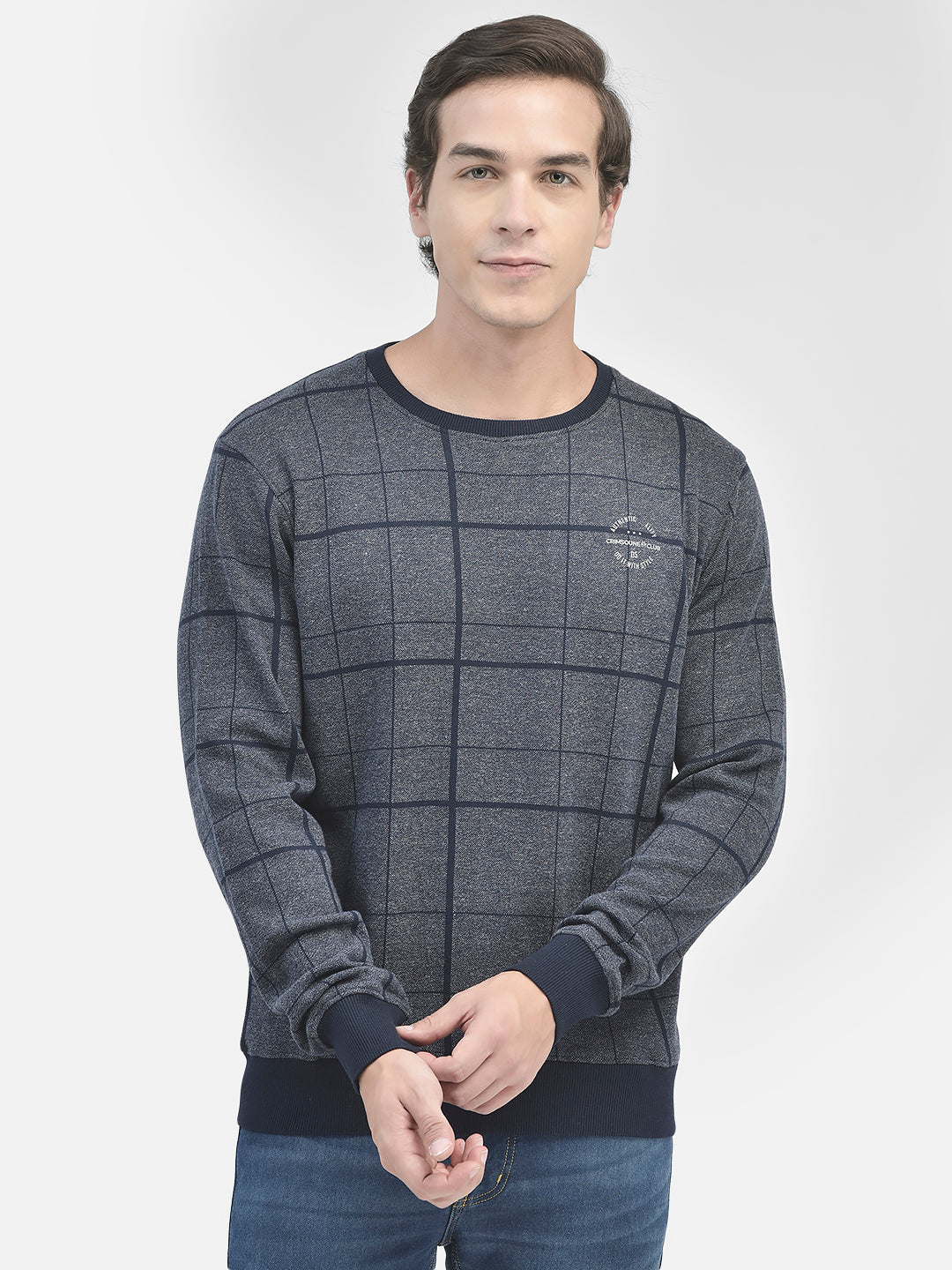 Navy Blue Checked Sweatshirt-Men Sweatshirts-Crimsoune Club