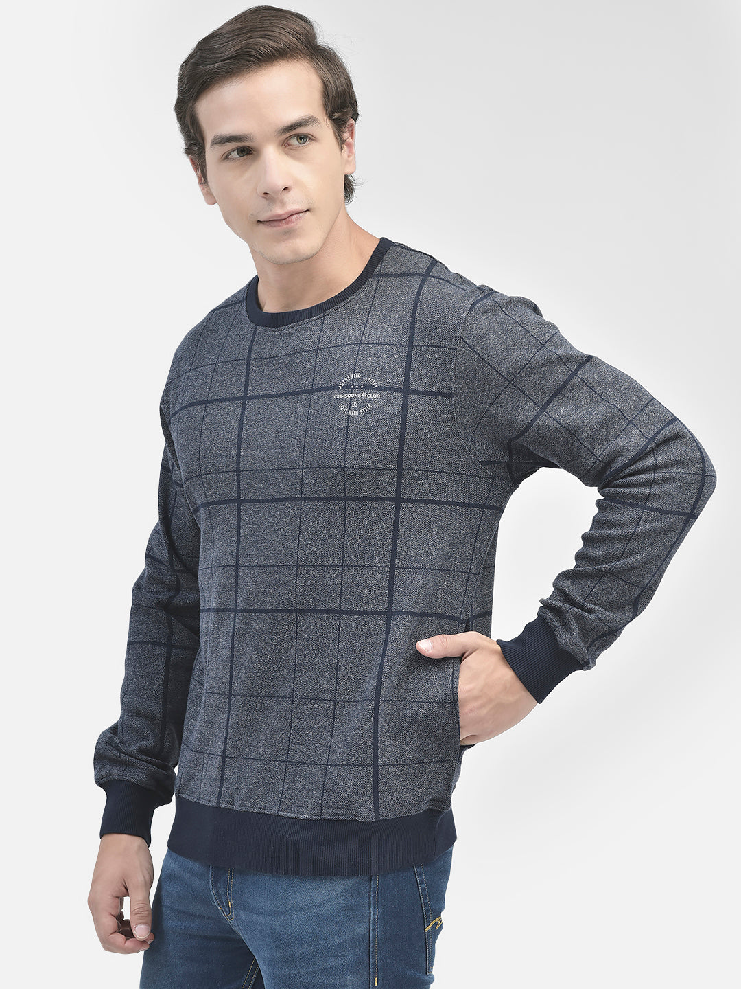 Navy Blue Checked Sweatshirt-Men Sweatshirts-Crimsoune Club