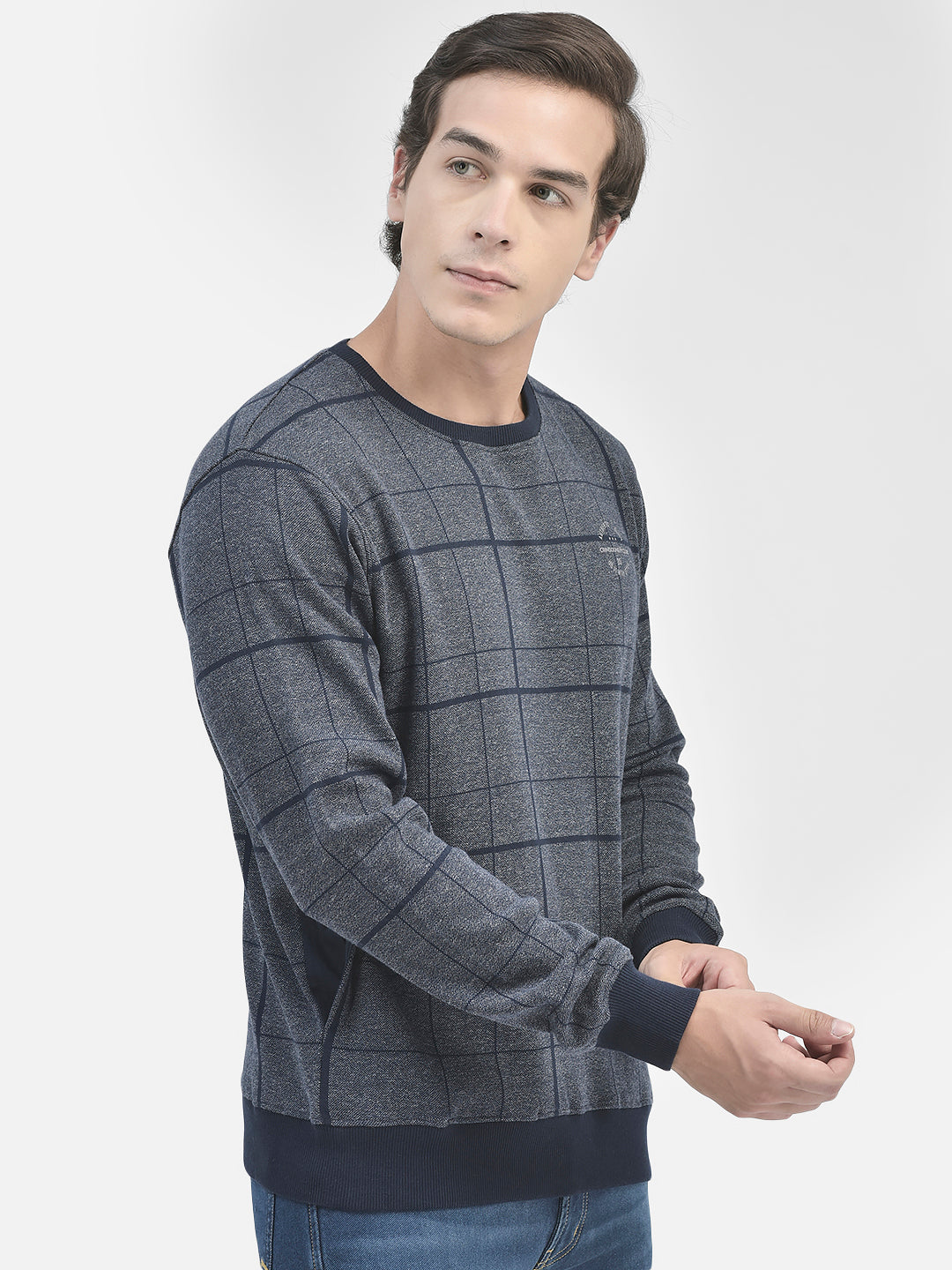 Navy Blue Checked Sweatshirt-Men Sweatshirts-Crimsoune Club