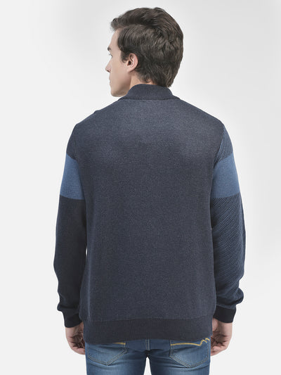 Navy Blue Colourblocked Cotton Sweater-Men Sweaters-Crimsoune Club