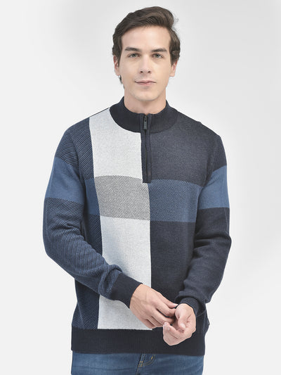 Navy Blue Colourblocked Cotton Sweater-Men Sweaters-Crimsoune Club