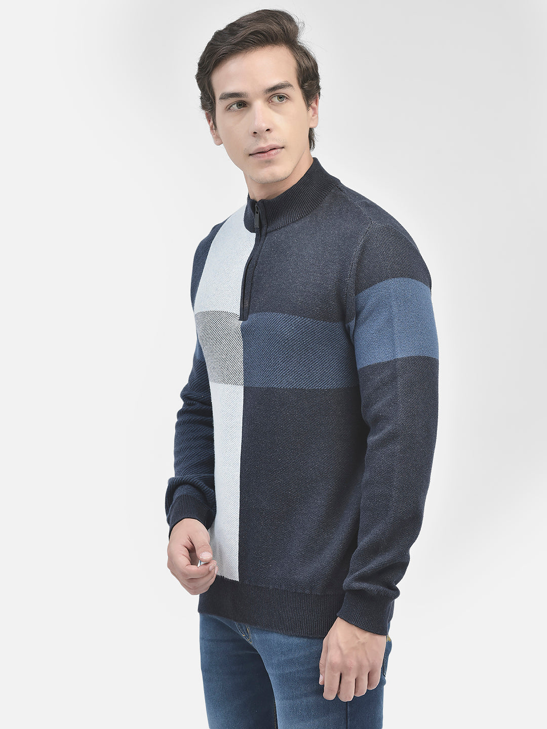 Navy Blue Colourblocked Cotton Sweater-Men Sweaters-Crimsoune Club