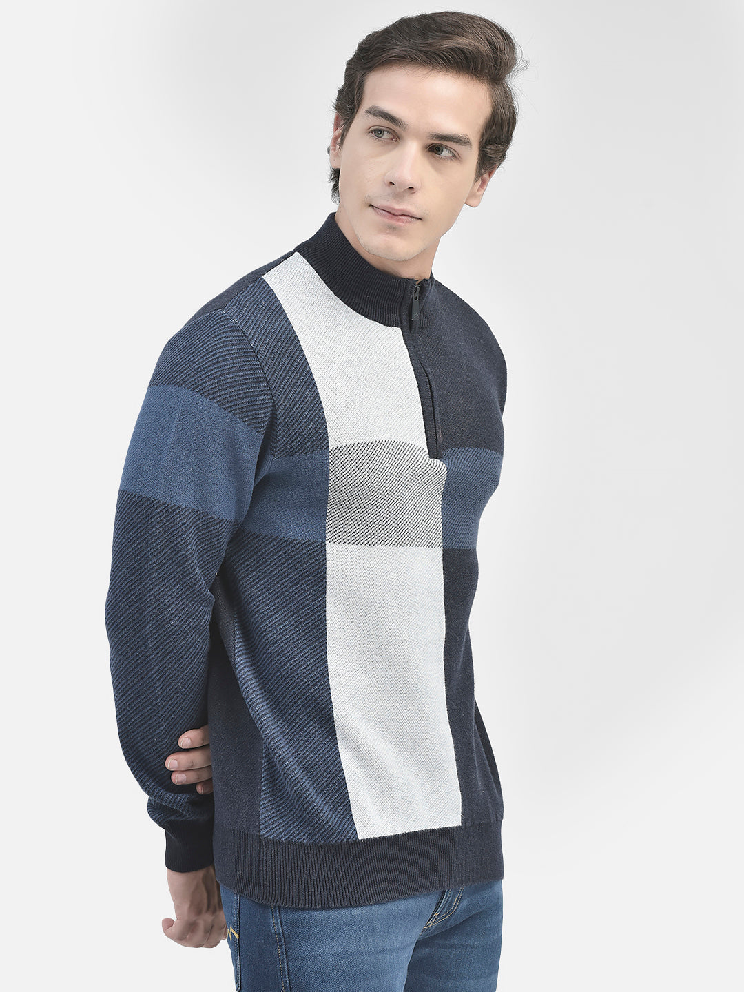 Navy Blue Colourblocked Cotton Sweater-Men Sweaters-Crimsoune Club