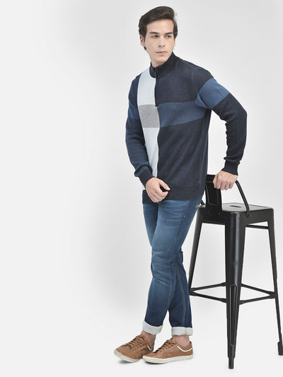 Navy Blue Colourblocked Cotton Sweater-Men Sweaters-Crimsoune Club