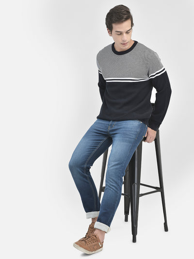 Navy Blue Printed Cotton Sweater-Men Sweaters-Crimsoune Club