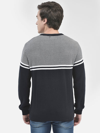 Navy Blue Printed Cotton Sweater-Men Sweaters-Crimsoune Club