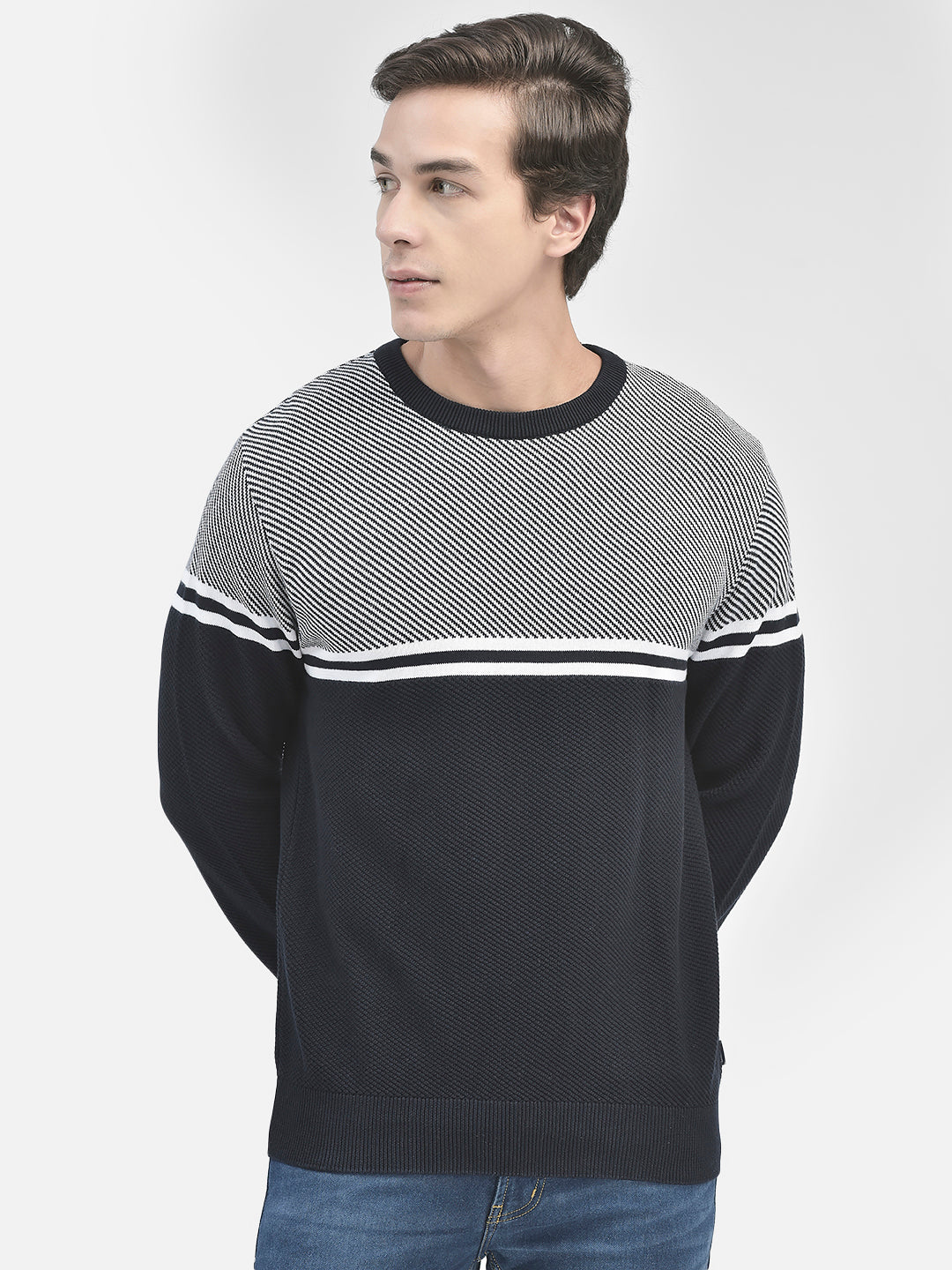 Navy Blue Printed Cotton Sweater-Men Sweaters-Crimsoune Club