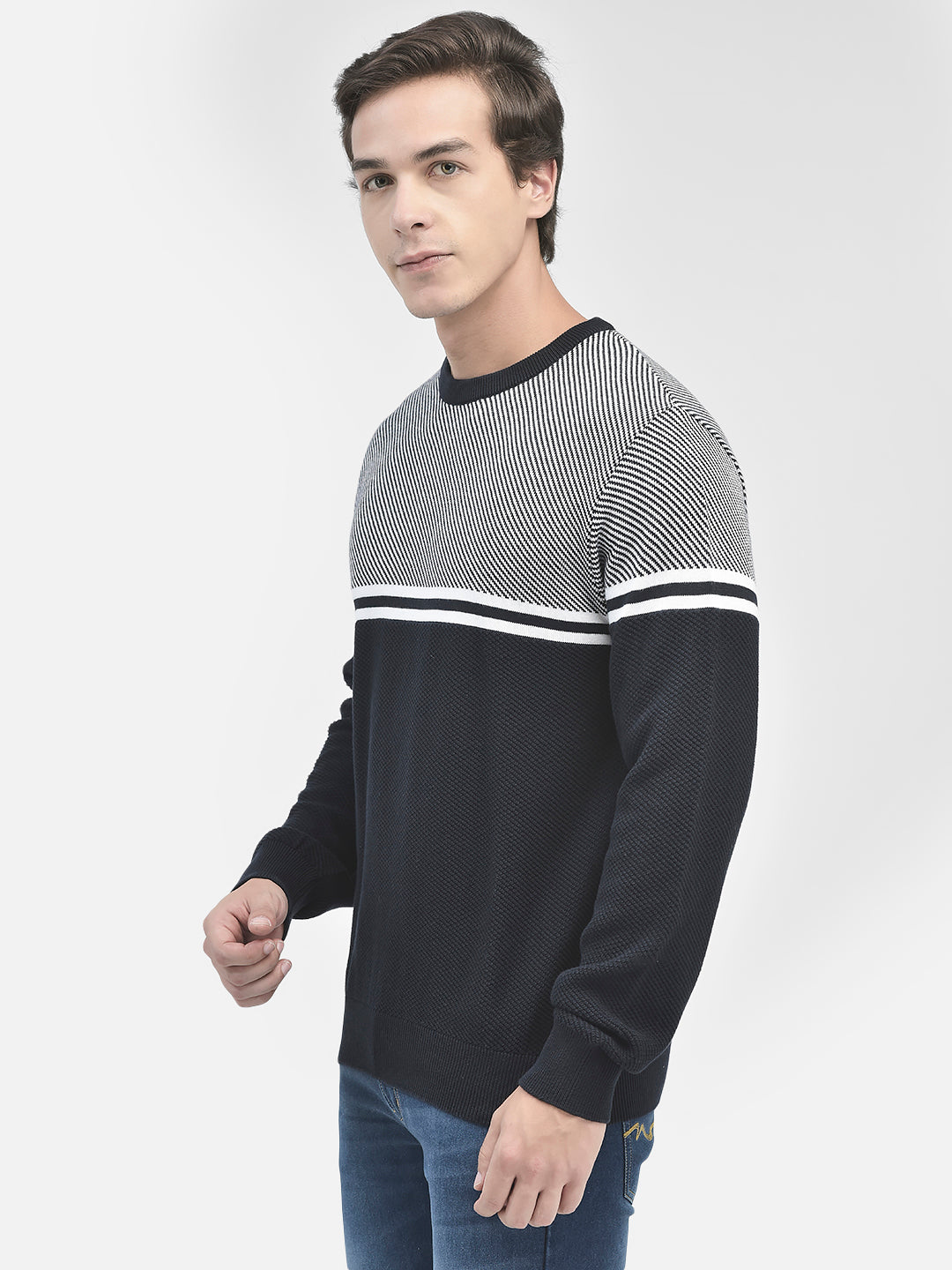 Navy Blue Printed Cotton Sweater-Men Sweaters-Crimsoune Club