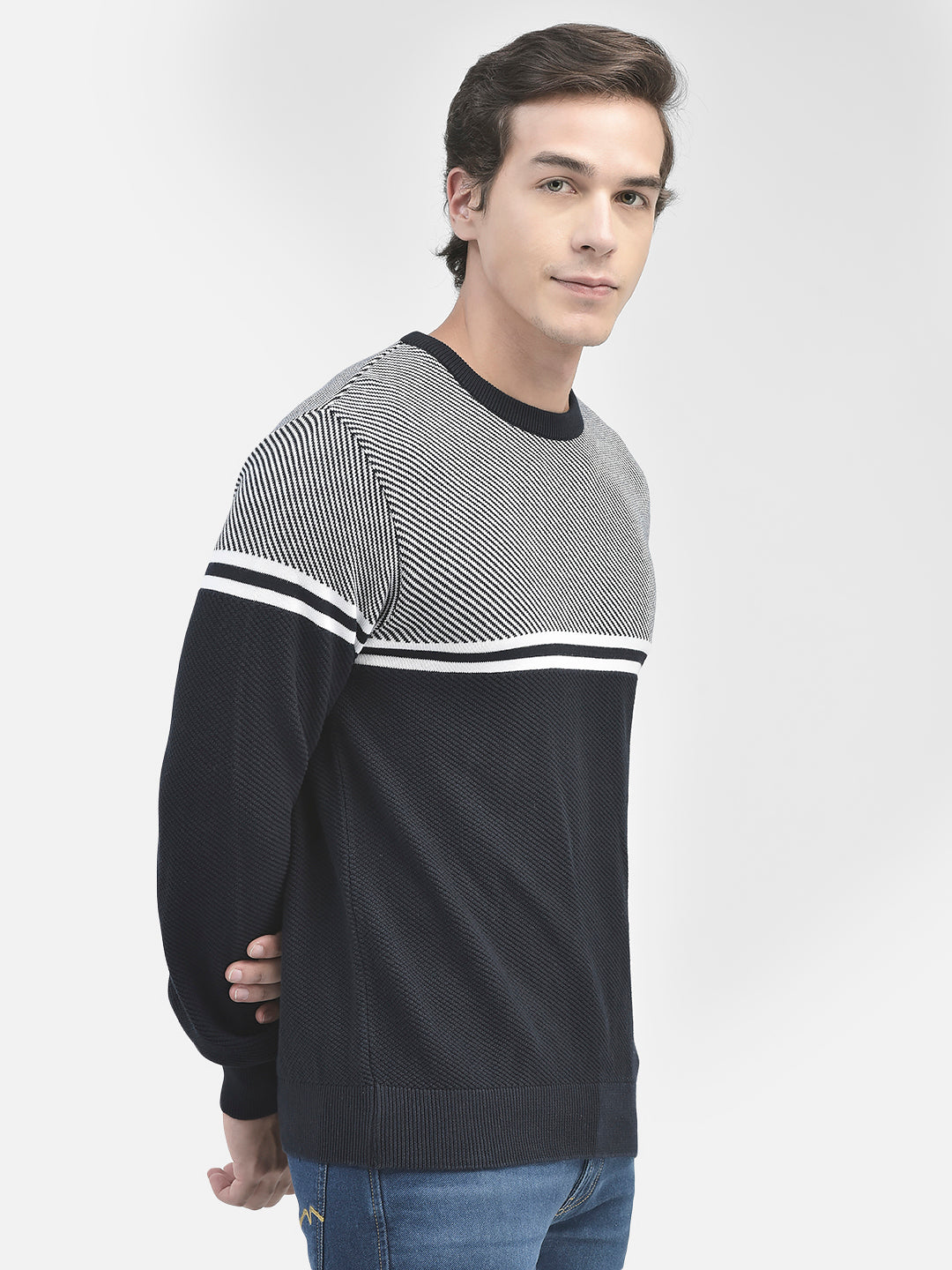 Navy Blue Printed Cotton Sweater-Men Sweaters-Crimsoune Club