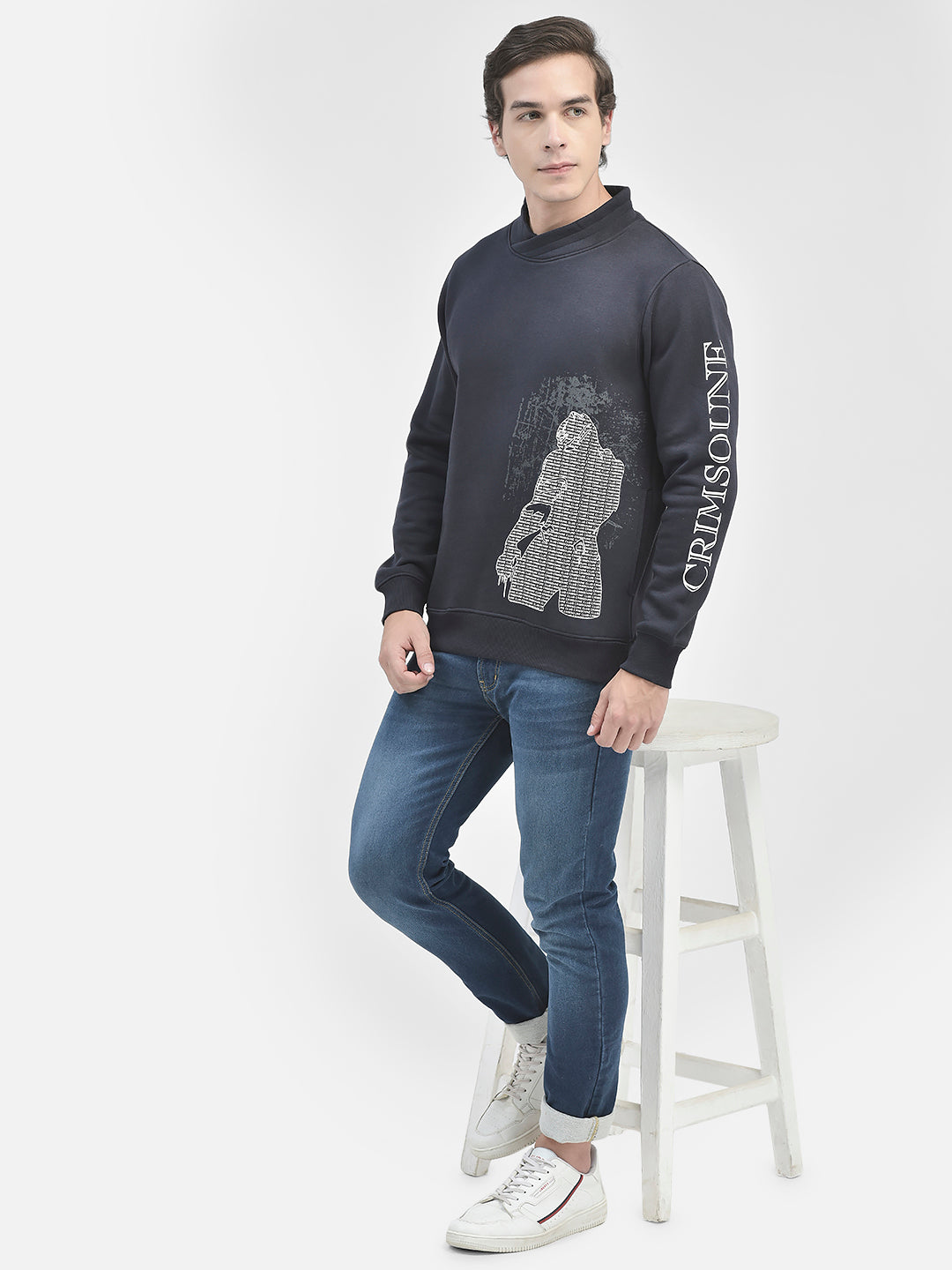 Navy Blue Printed Sweatshirt-Men Sweatshirts-Crimsoune Club