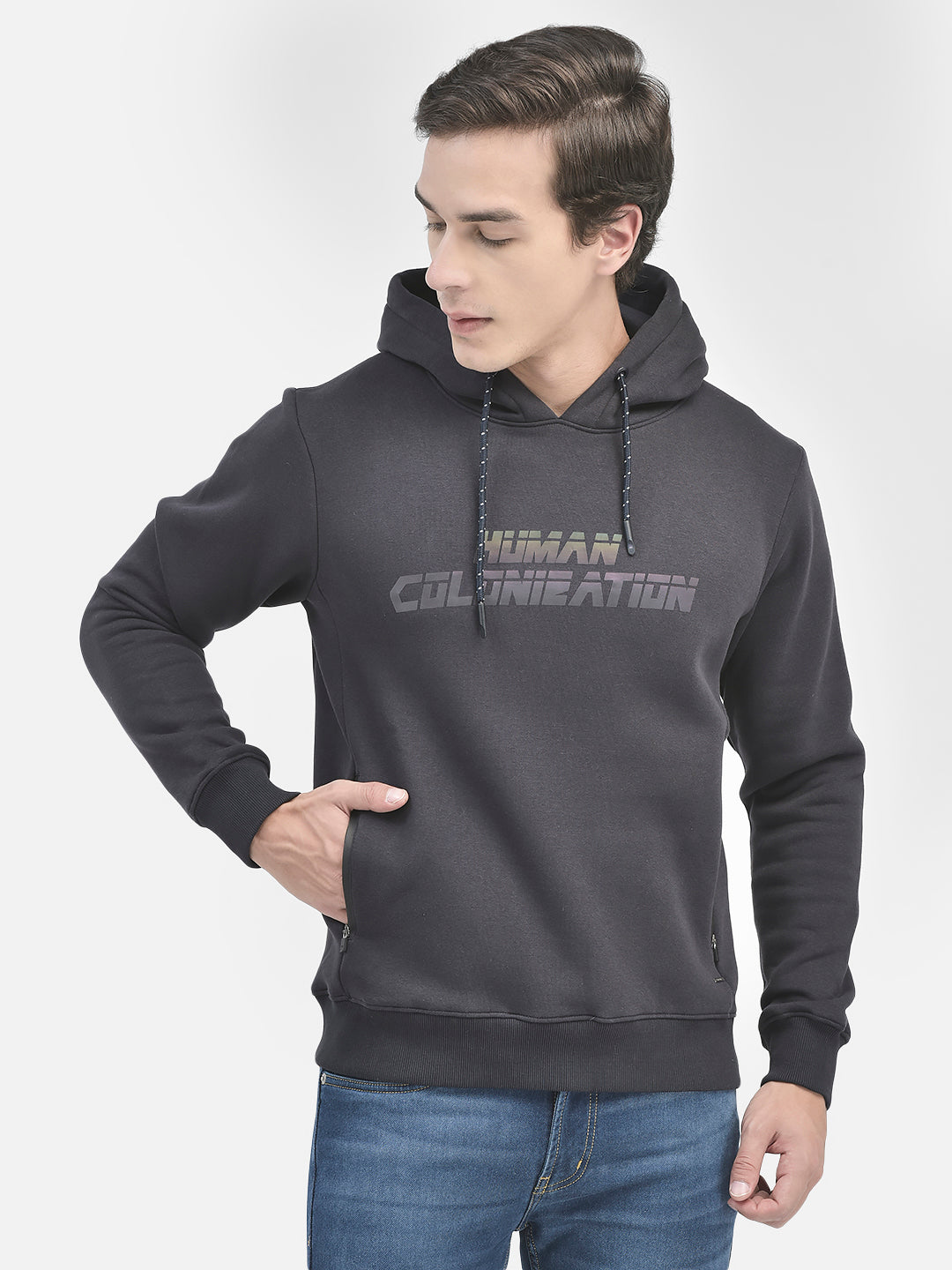Navy Blue Printed Hooded Sweatshirt-Men Sweatshirts-Crimsoune Club