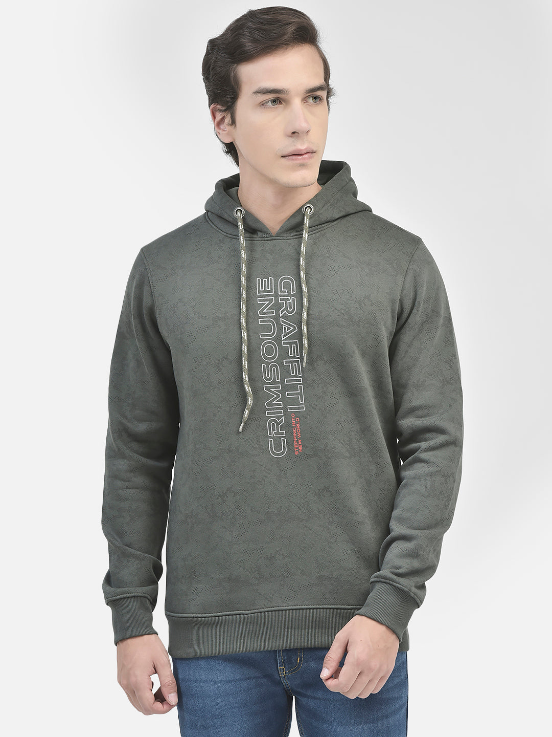 Olive Printed Hooded Sweatshirt-Men Sweatshirts-Crimsoune Club