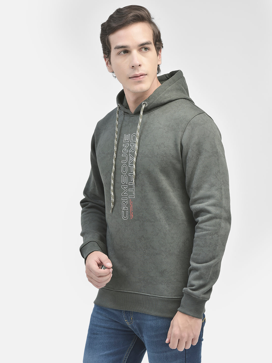 Olive Printed Hooded Sweatshirt-Men Sweatshirts-Crimsoune Club