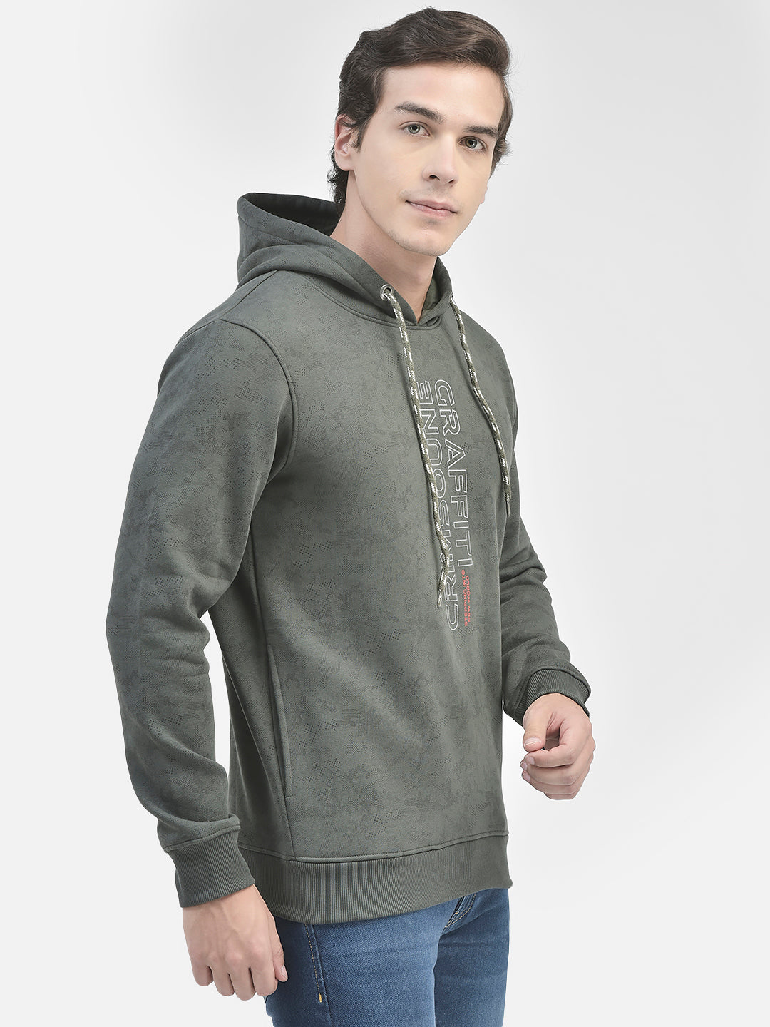 Olive Printed Hooded Sweatshirt-Men Sweatshirts-Crimsoune Club