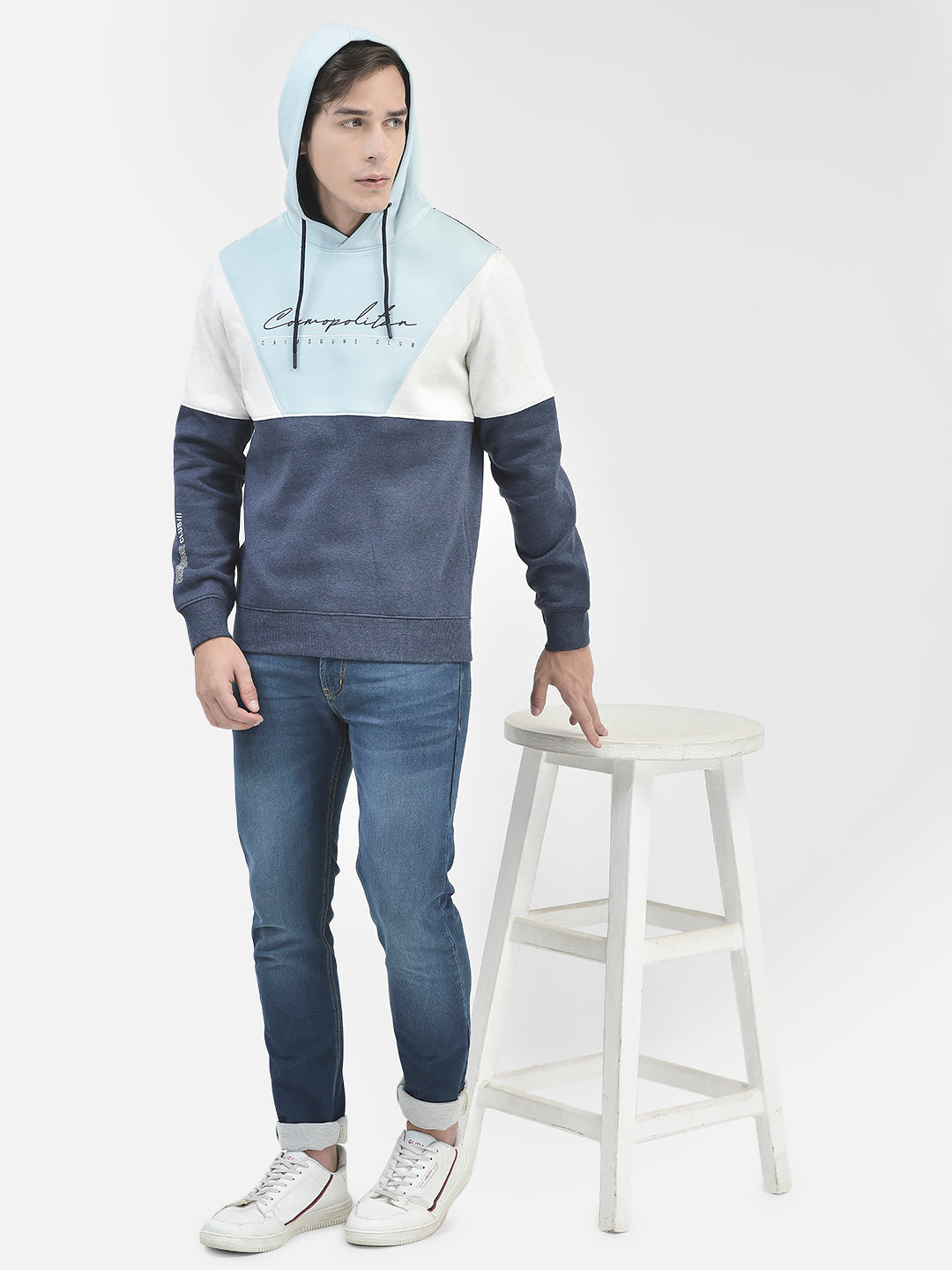 Blue Colourblocked Hooded Sweatshirt-Men Sweatshirts-Crimsoune Club