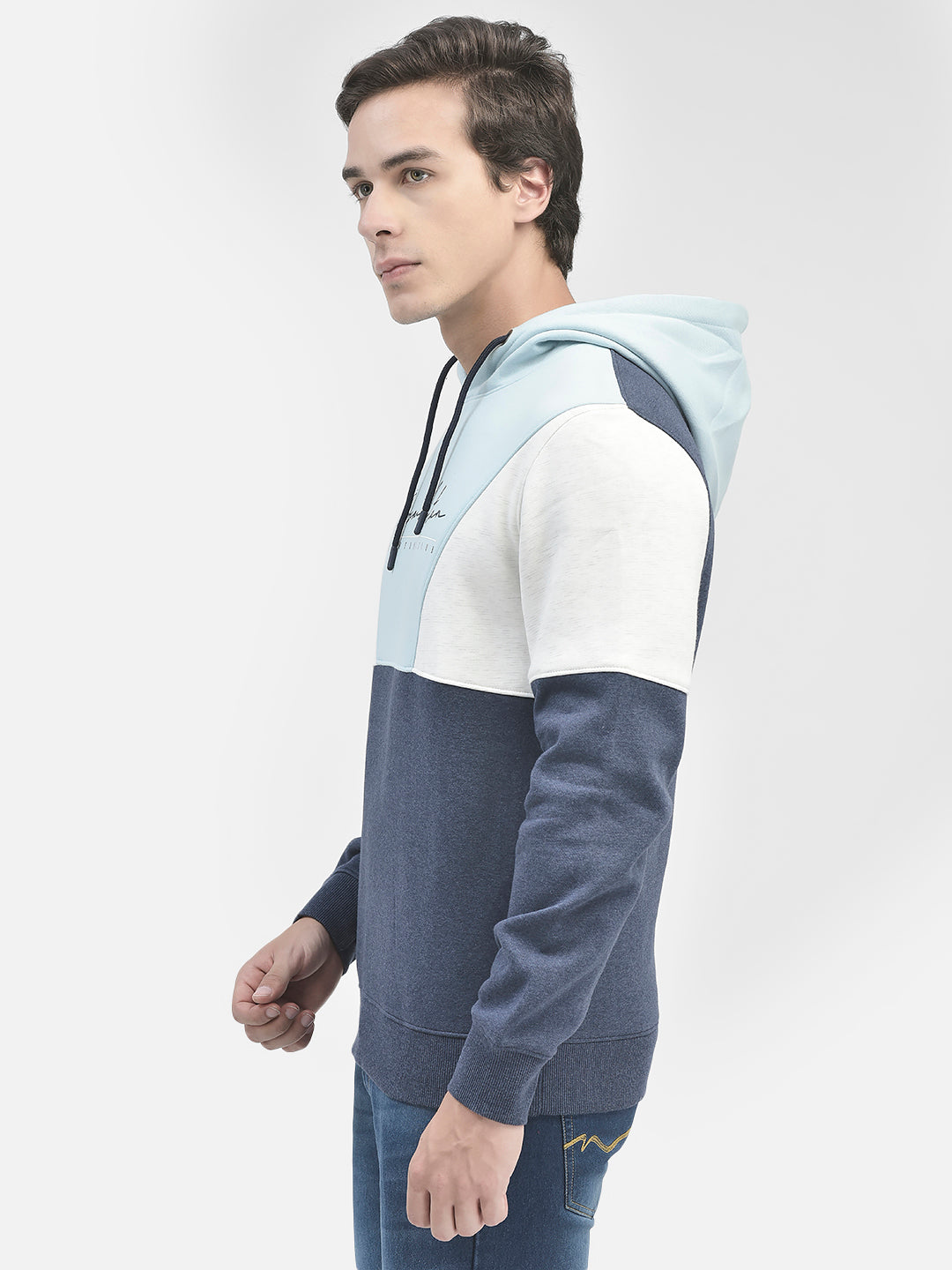 Blue Colourblocked Hooded Sweatshirt-Men Sweatshirts-Crimsoune Club