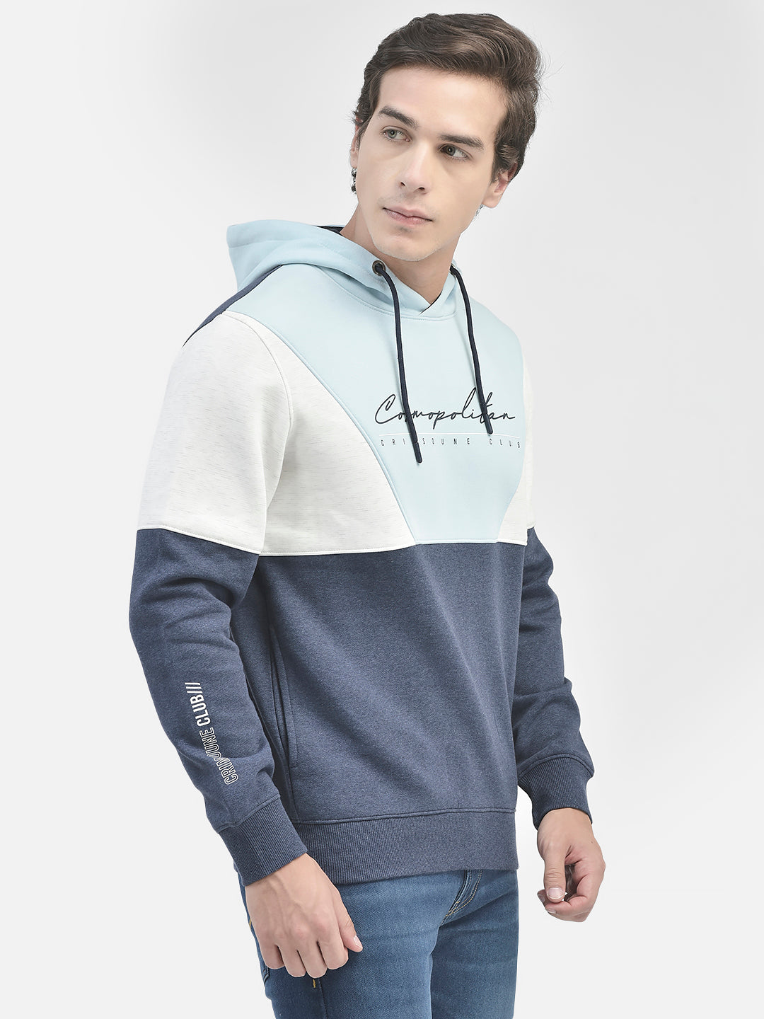 Blue Colourblocked Hooded Sweatshirt-Men Sweatshirts-Crimsoune Club