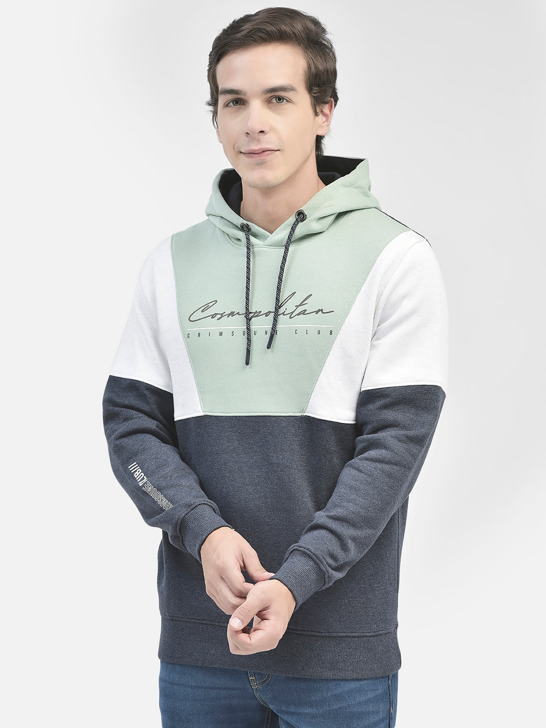 Green Colourblocked Hooded Sweatshirt-Men Sweatshirts-Crimsoune Club