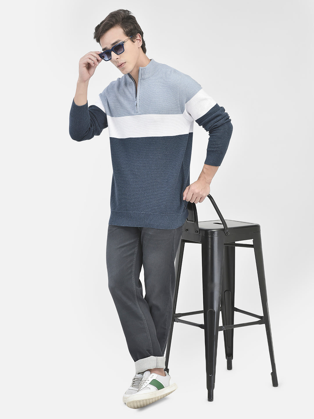 Navy Blue Colourblocked Cotton Sweater-Men Sweaters-Crimsoune Club