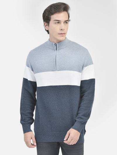 Navy Blue Colourblocked Cotton Sweater-Men Sweaters-Crimsoune Club