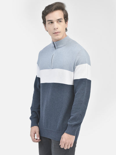 Navy Blue Colourblocked Cotton Sweater-Men Sweaters-Crimsoune Club