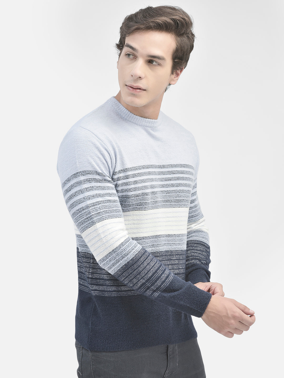Blue Striped Cotton Sweater-Men Sweaters-Crimsoune Club