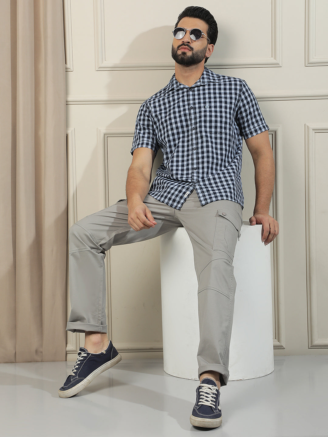 Navy Blue Checked 100% Cotton Shirt-Men Shirts-Crimsoune Club