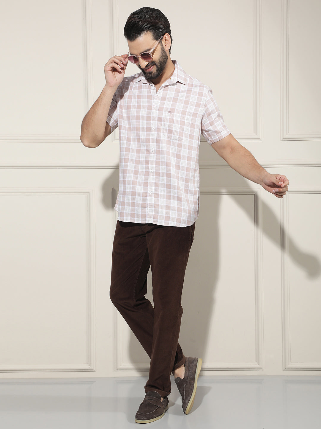 Peach Checked 100% Cotton Shirt-Men Shirts-Crimsoune Club