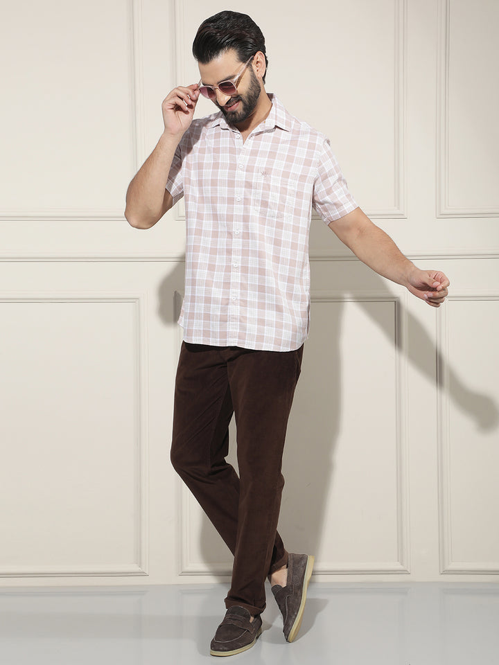 Peach Checked 100% Cotton Shirt-Men Shirts-Crimsoune Club