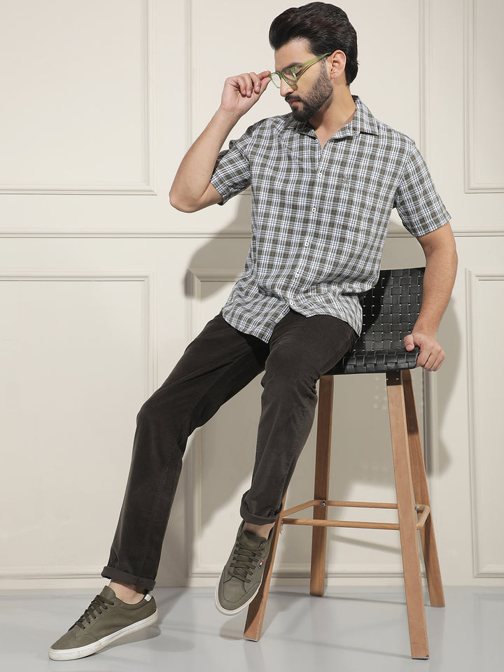 Olive Checked 100% Cotton Shirt-Men Shirts-Crimsoune Club