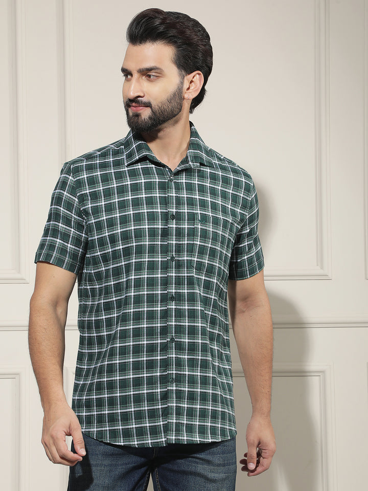 Green Checked 100% Cotton Shirt-Men Shirts-Crimsoune Club