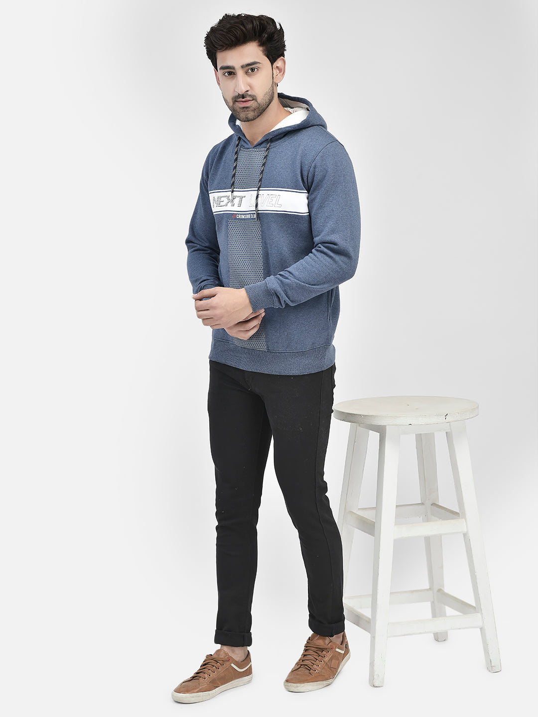 Blue Printed Sweatshirt With Hood-Men Sweatshirts-Crimsoune Club