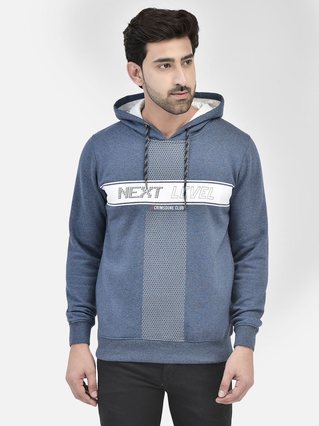 Blue Printed Sweatshirt With Hood-Men Sweatshirts-Crimsoune Club