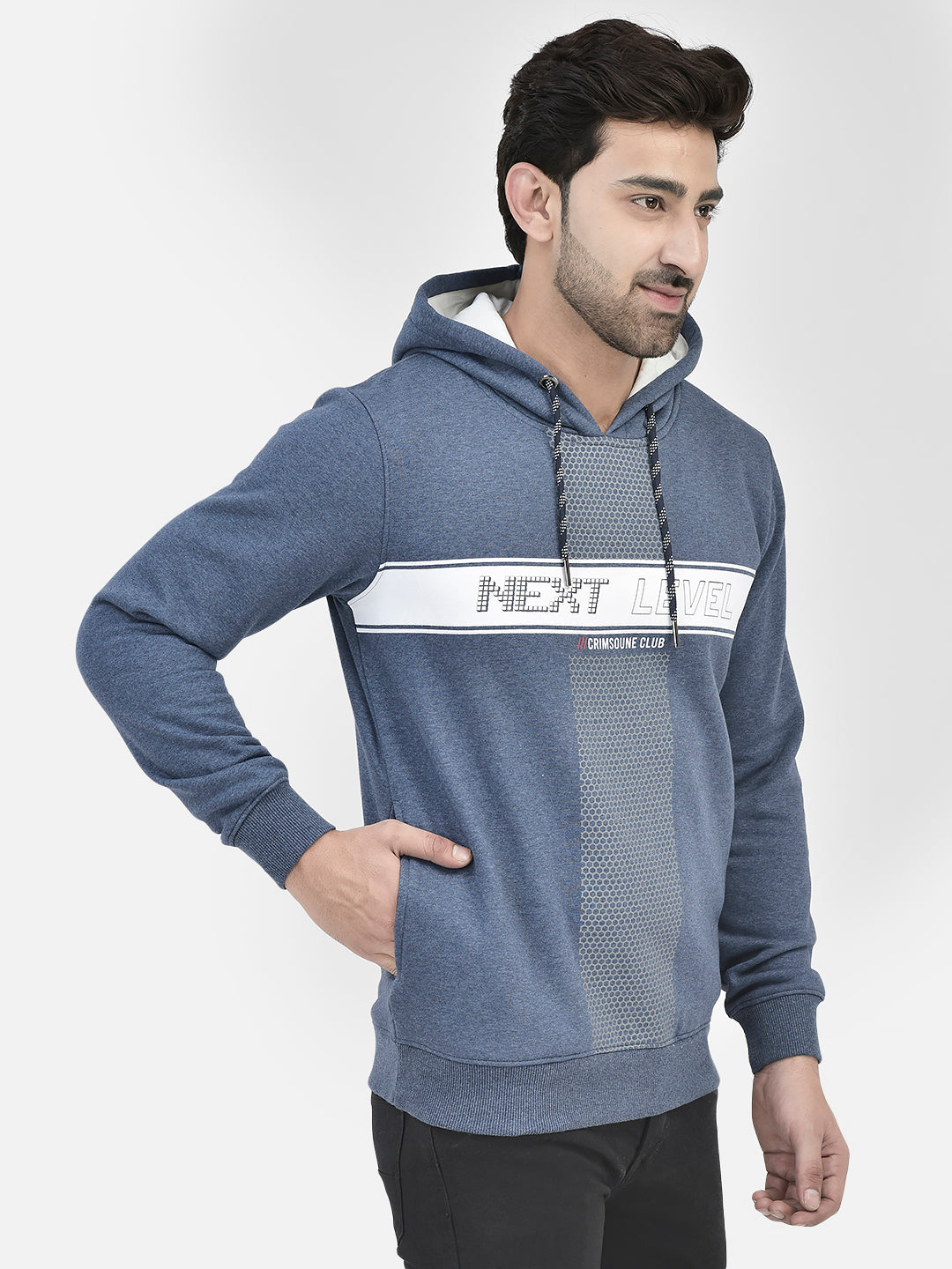 Blue Printed Sweatshirt With Hood-Men Sweatshirts-Crimsoune Club