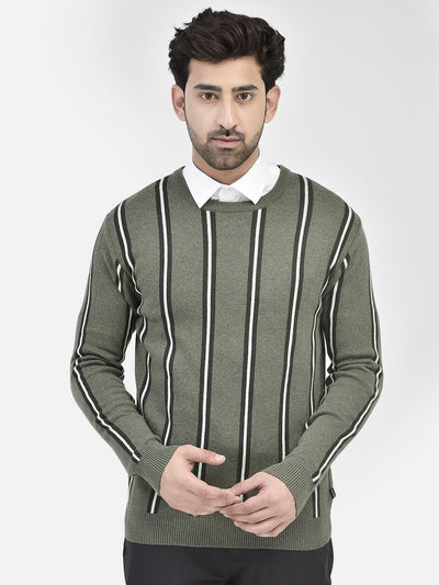 Olive Striped Cotton Sweater-Men Sweaters-Crimsoune Club