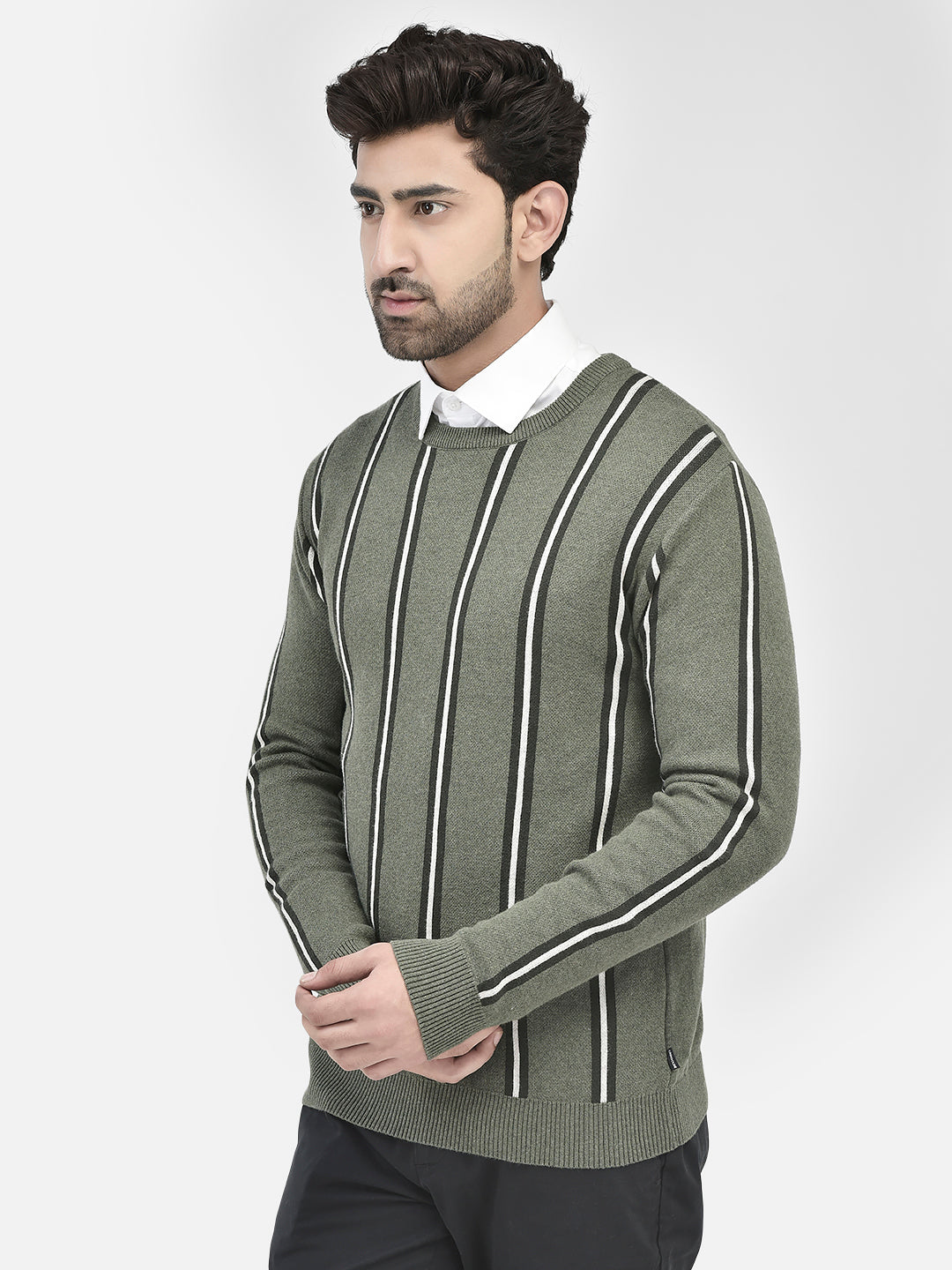 Olive Striped Cotton Sweater-Men Sweaters-Crimsoune Club