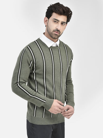 Olive Striped Cotton Sweater-Men Sweaters-Crimsoune Club