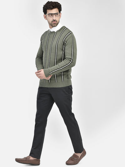 Olive Striped Cotton Sweater-Men Sweaters-Crimsoune Club