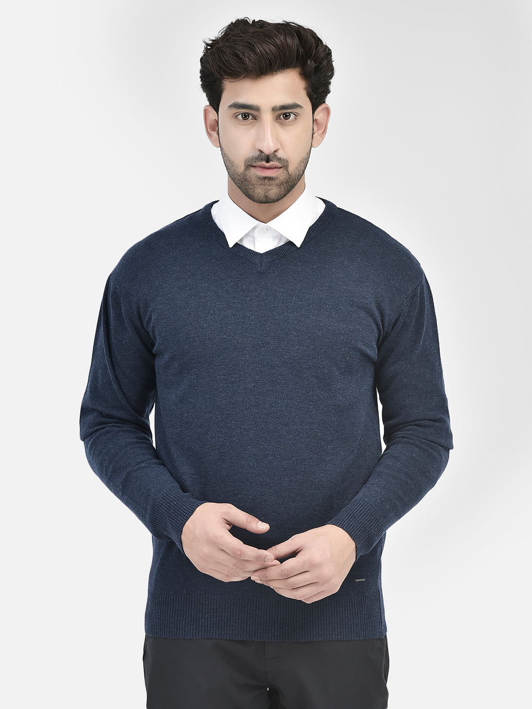 Navy Blue V-Neck Sweater-Men Sweaters-Crimsoune Club