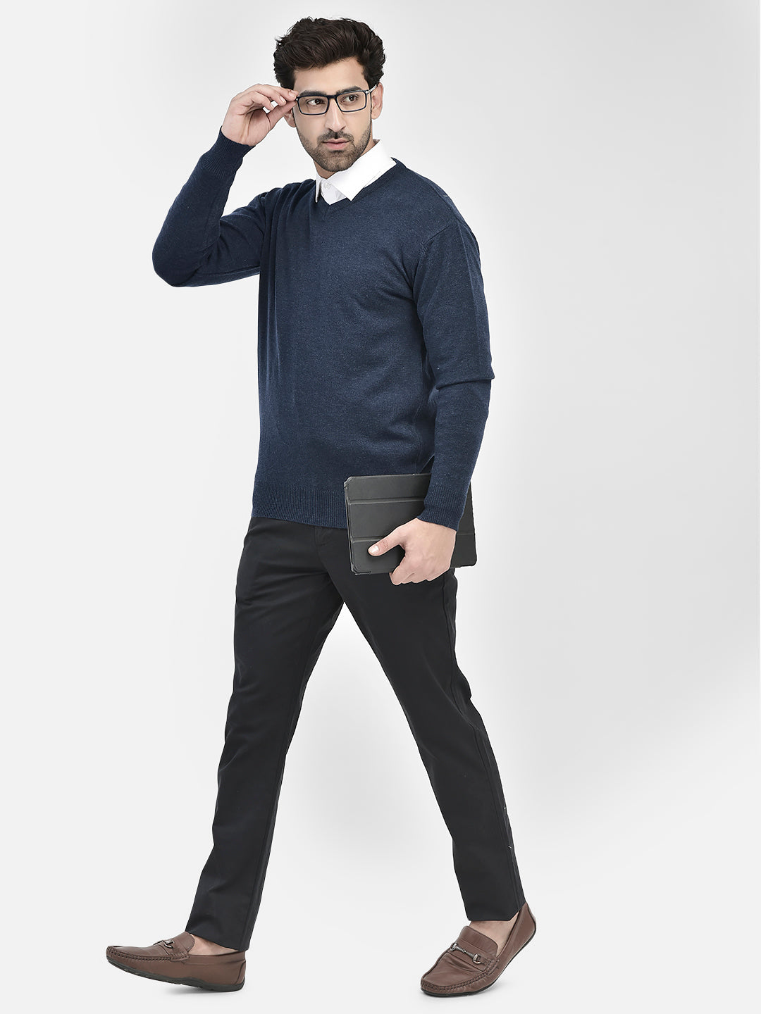 Navy Blue V-Neck Sweater-Men Sweaters-Crimsoune Club