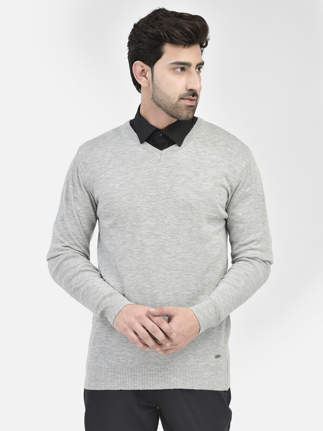 Grey V-Neck Sweater-Men Sweaters-Crimsoune Club