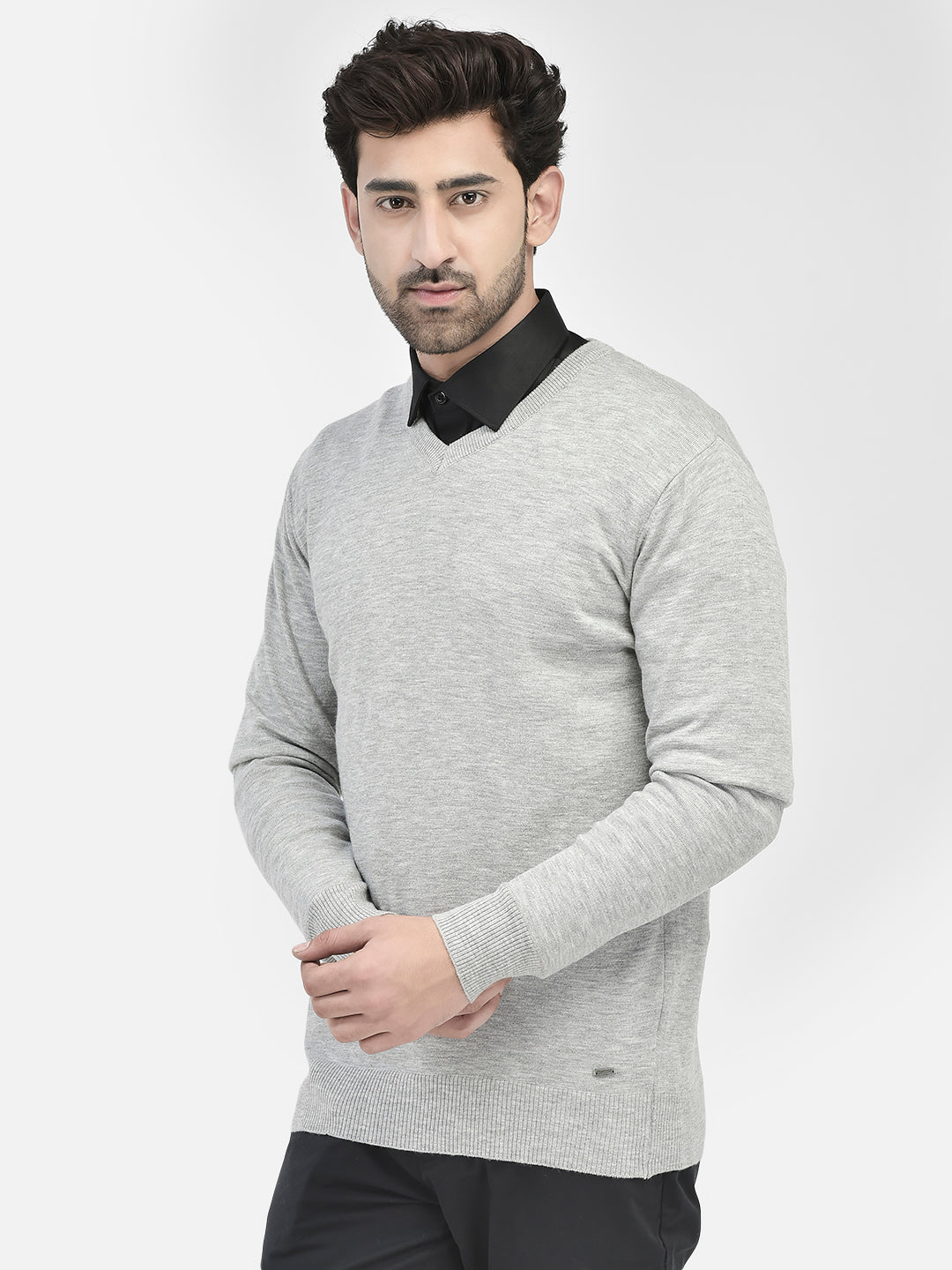 Grey V-Neck Sweater-Men Sweaters-Crimsoune Club