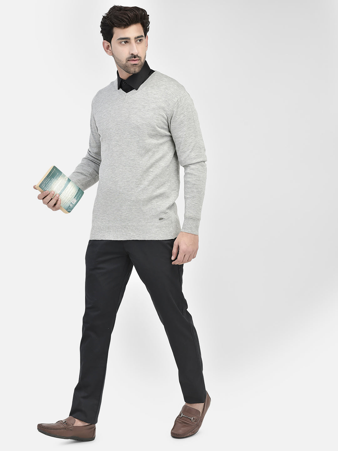 Grey V-Neck Sweater-Men Sweaters-Crimsoune Club