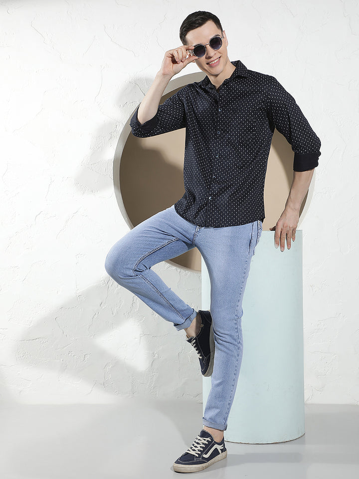 Blue Micro Print Shirt-Men Shirts-Crimsoune Club