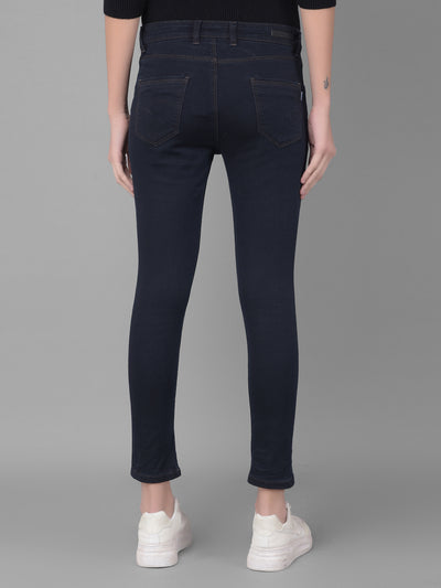Navy Blue Cropped Skinny Jeans-Women Jeans-Crimsoune Club