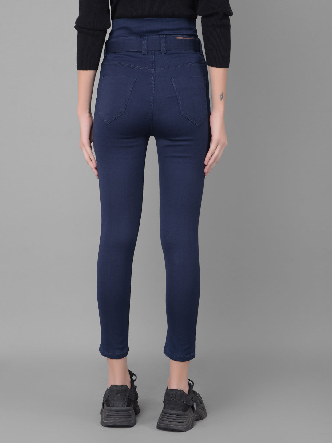 Navy Blue High Waist Jeans With Belt-Women Jeans-Crimsoune Club