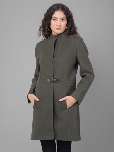 Olive Mandarin Collar Overcoat-Women Coats-Crimsoune Club