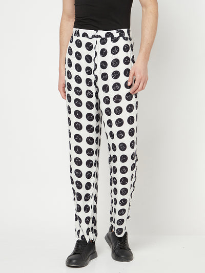 White Polka Dot Printed Trouser-Men Trousers-Crimsoune Club